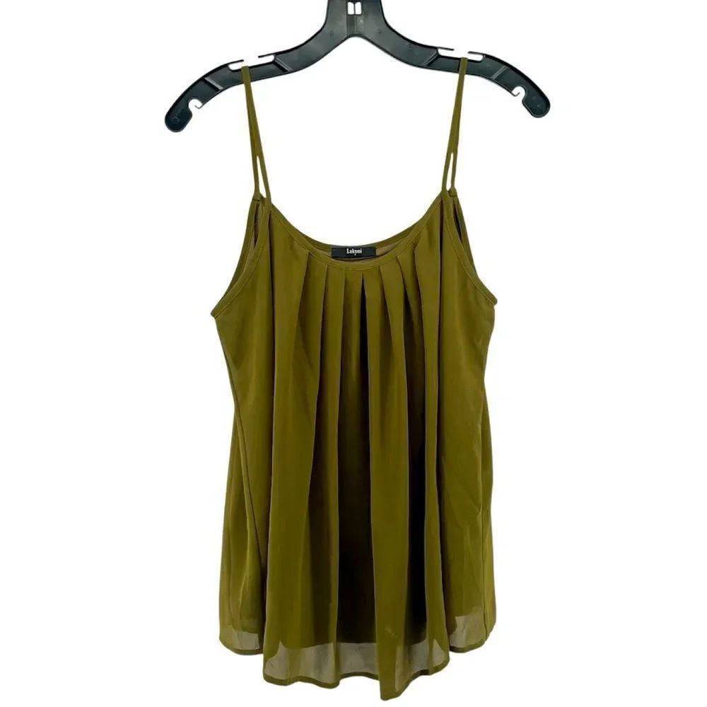 Laksmi Women’s Olive Green Pleated Chiffon Layered Sleeveless Cami Top – Medium